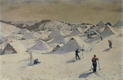 Velika planina con cabañas de pastores y esquiadores de Hinko Smrekar